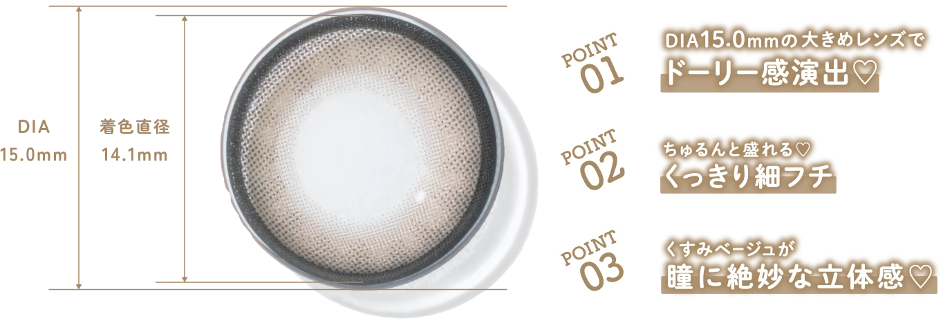 POINT 01 DIA15.0mm の大きめレンズで ドーリー感演出♡ POINT 02 ちゅるんと盛れる♡ くっきり細フチ POINT 03 くすみベージュが 瞳に絶妙な立体感♡