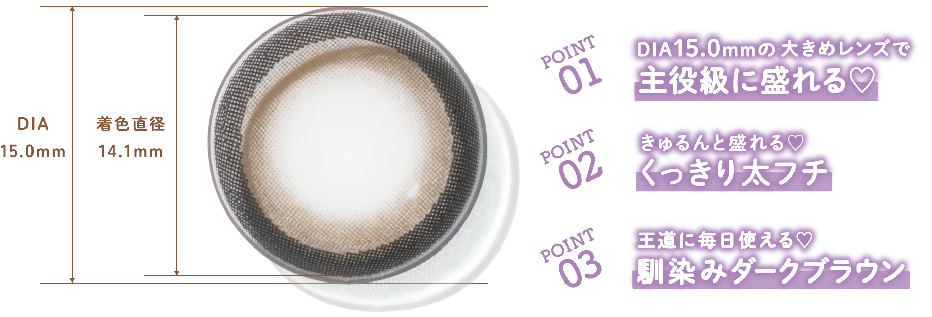 POINT 01 DIA15.0mm の大きめレンズで 主役級に盛れる♡ POINT 02 きゅるんと盛れる♡ くっきり太フチ POINT 03 王道に毎日使える♡ 馴染みダークブラウン